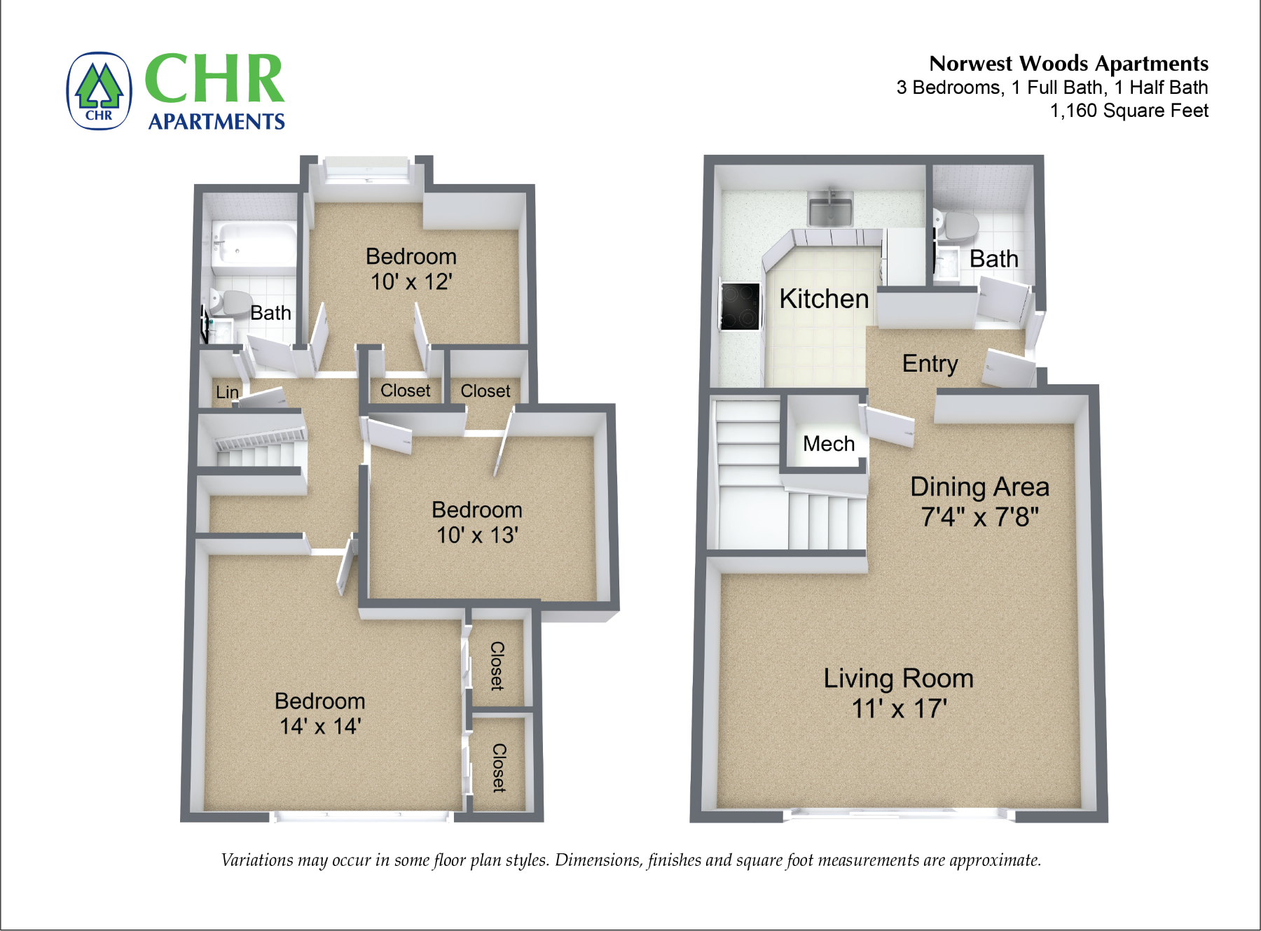 Floor plan for 3 beds, 1.5 baths, 1700 sqft